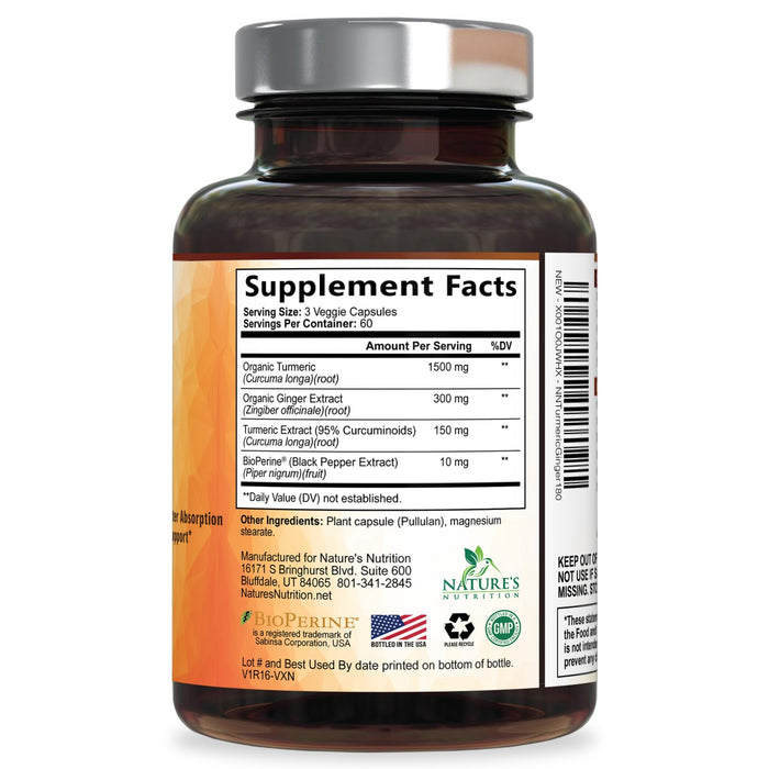Turmeric Curcumin Supplement 1950mg - 95% Curcuminoids with Organic Turmeric & Ginger, BioPerine Black Pepper for Best Absorption, Nature's Vegan Joint Support, Non-GMO, Bottled in USA - 180 Capsules