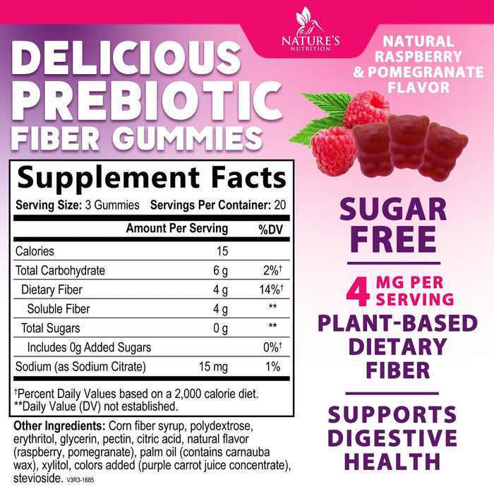 Prebiotic Fiber Gummies - Sugar Free 4g Gummy Fiber Supplement for Adults Digestive Health & Regularity Support - Natural Raspberry Flavor, Plant Based Blend, Non-GMO & Gluten Free - 60 Gummies