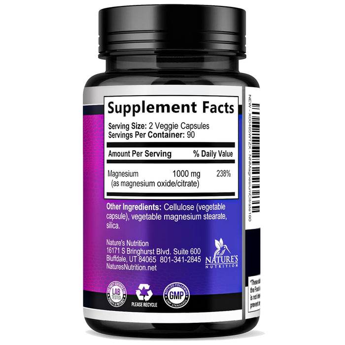 Magnesium Citrate Supplement 1000 mg for Best Absorption, Supports Bone, Heart Health, Nerves, Muscles, Metabolism & Calm, Nature's Pure Magnesio Vitamin Pills, Bottled in USA - 180 Capsules