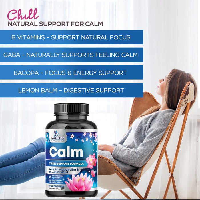 Natural Calm, Unwind & Relax Support with Ashwagandha, GABA, Magnesium, 5-HTP, L-Theanine & B Vitamins, Natural Focus, Energy & Immune Support - Nature's Non-GMO, Vegan, Gluten Free - 120 Capsules
