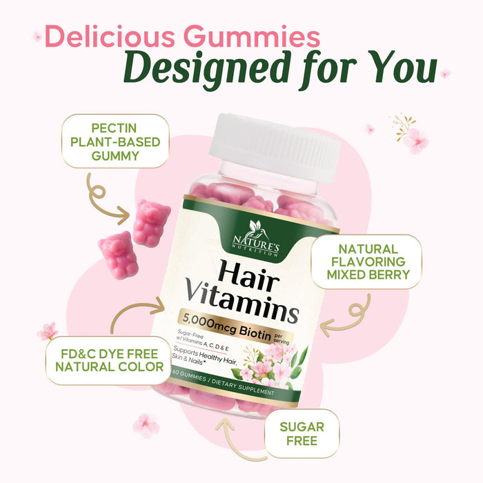 Hair Vitamins Gummies with Biotin 5000 mcg - Stronger, Radiant Hair, Skin & Nails Supplement - Vitamin E & C, Hair Growth Support Vitamin for Women & Men, Non-GMO & Gluten Free - 60 Gummies