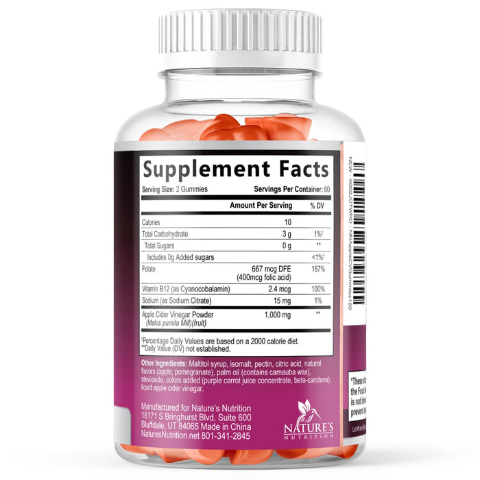 Apple Cider Vinegar Gummies for Weight Loss 1000mg - Vegan Apple Vinegar Gummy for Detox & Cleanse, ACV Supplement Pills, Vitamin B12, Sugar Free ACV Gummy, Non-GMO, Nature's Nutrition - 120 Gummies