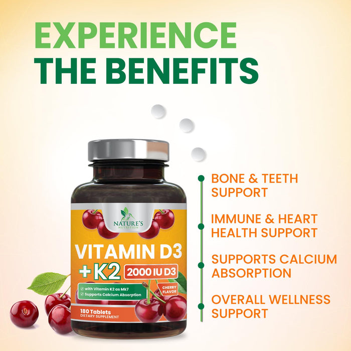 Vitamin D3 K2 2000 IU Plus with K2 (MK-7) 75 mcg - Vitamins D & K Complex Supplement for Bone, Teeth, Muscle, Calcium Absorption, Supports Immune & Heart Health, Non-GMO Chewable Formula - 180 Tablets