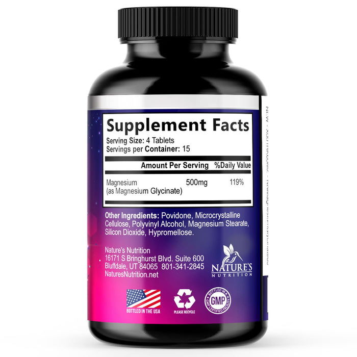 Magnesium Glycinate 500mg - Chelated for Ultra Absorption - Supports Bone, Muscle, Nerves & Heart Health, Nature's Sleep Support, Best Magnesium Supplement Pills for Whole Body Support - 60 Tablets