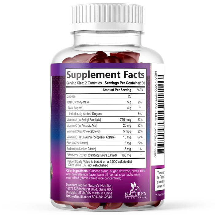 Immune Support Gummies - Sambucus Elderberry Gummy with Elder Berry Extract, Zinc & Vitamin C, Natural Vegan Immune Support Supplement for Adults & Children, Gummy Elderberry Vitamins - 60 Gummies