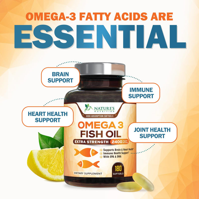 Omega 3 Fish Oil 2400 mg – Triple Strength EPA & DHA Fatty Acids for Heart, Brain & Joint Support – Wild-Caught, Burpless, Lemon Flavor Supplement – Natural, Non-GMO, Gluten-Free – 180 Softgels
