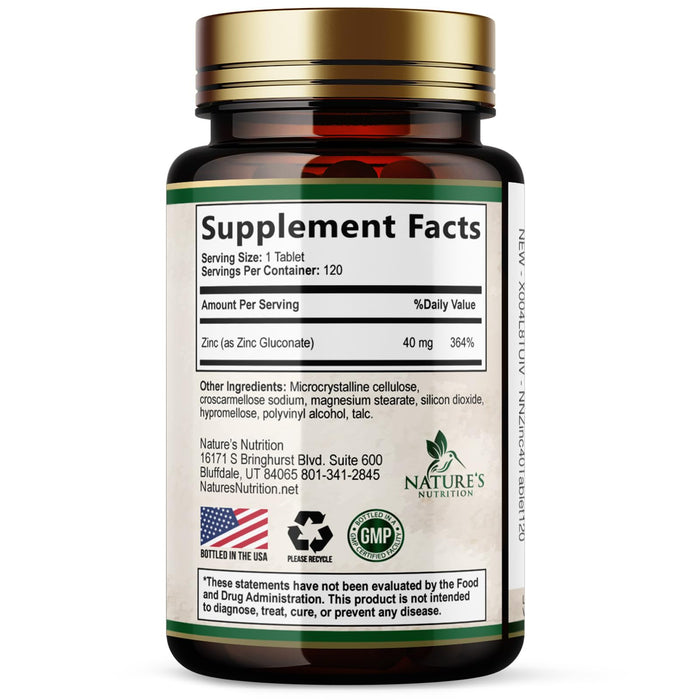 Zinc 40mg Supplements for Women and Men, Supplement for Immune Health Support, Skin Health Support, & Antioxidant Supplement for Adults with Zinc Gluconate 40 mg, High Potency, Non-GMO