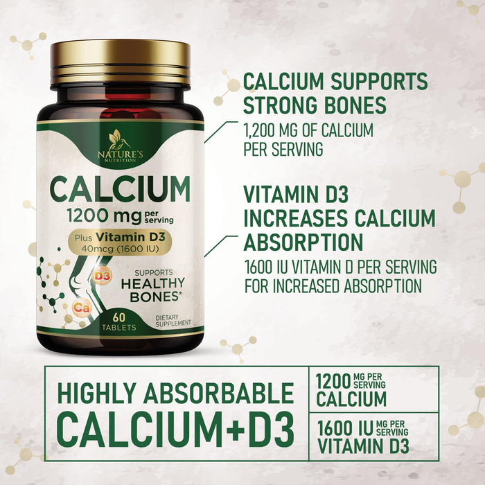 Calcium 1200 mg with Vitamin D3, Calcium Supplement Vitamins, Supports Bone Strength, Teeth & Immune System, Calcium Supplements for Women & Men, Nature's Absorbable Calcium Carbonate - 60 Tablets