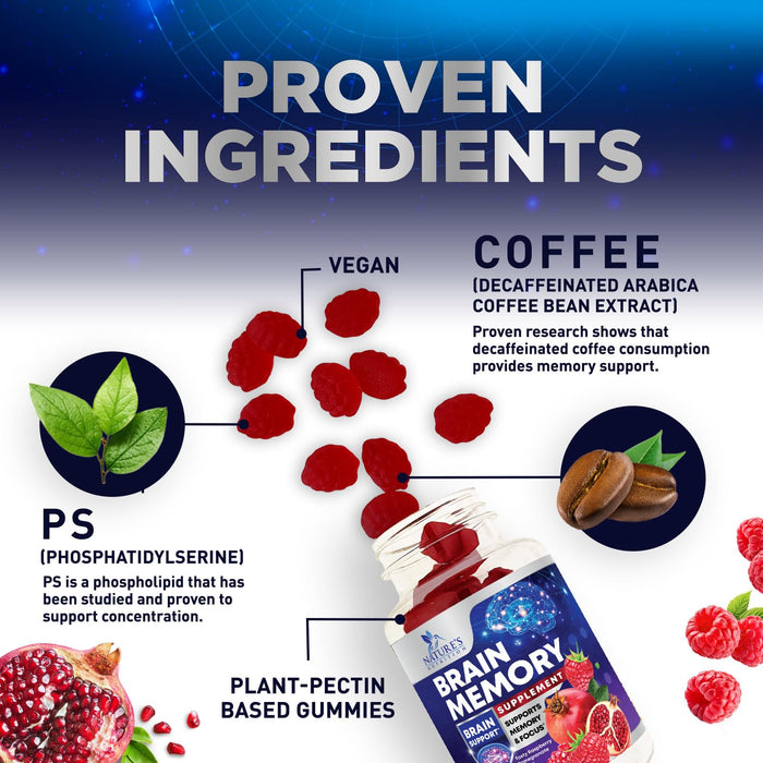 Brain Supplement Gummies for Concentration Memory & Focus Support - Brain Clarity Health with B6 B12, Phosphatidylserine, Coffee Extract, Nootropics Cognitive Vitamins for Adults - 60 Vegan Gummies