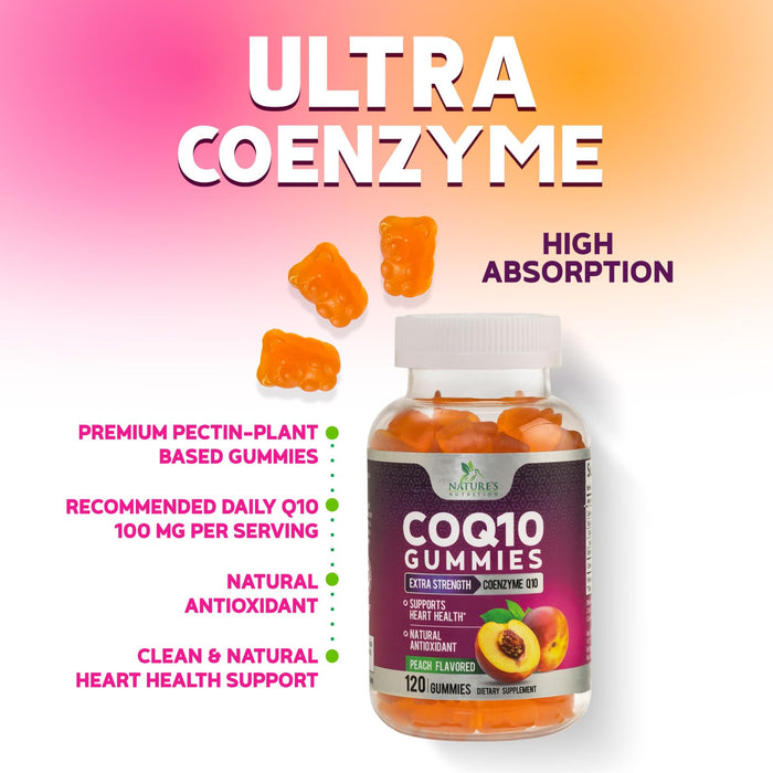 Nature's Nutrition CoQ10 Gummies 100mg – High Absorption Coenzyme Q10 Supplement for Heart Health, Energy & Antioxidant Support – Peach Flavor Gummy, Vegan, Non-GMO, Gluten Free – 120 Count