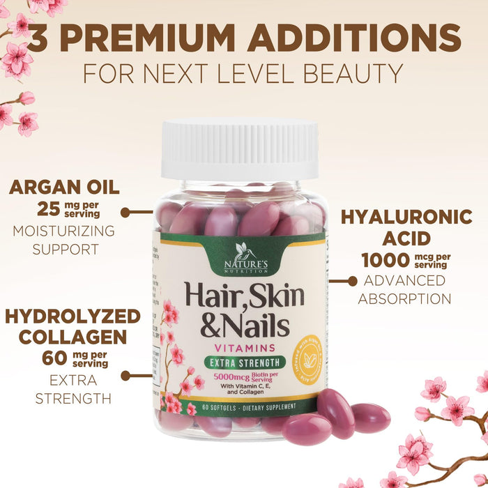 Hair Vitamins Biotin 5000 mcg Collagen for Hair Skin and Nails Vitamin Nature's, Supports Supplement Fast Fuller Thicker Healthy Growth Support, with Hyaluronic Acid Women & Men, Non-GMO, 60 Softgels