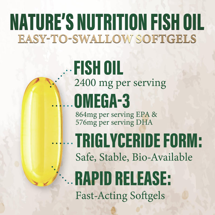 Omega 3 Fish Oil Supplements - 2400 mg Triple Strength Omega3, EPA & DHA with Essential Fatty Acids - Natural Immune, Brain & Heart Health Support - Gluten Free, Non-GMO, Wild Caught - 120 Softgels