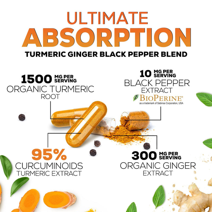 Turmeric Curcumin Supplement 1950mg - 95% Curcuminoids with Organic Turmeric & Ginger, BioPerine Black Pepper for Best Absorption, Nature's Vegan Joint Support, Non-GMO, Bottled in USA - 180 Capsules