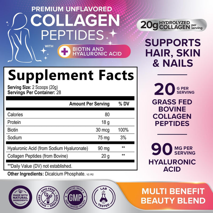 Collagen Peptides Powder for Women & Men - Hydrolyzed Type 1 & 3 Collagen Powder & Hyaluronic Acid - Vital Support for Hair, Nail, Skin, Bone & Joint Health - Zero Sugar, Unflavored - 28 Servings