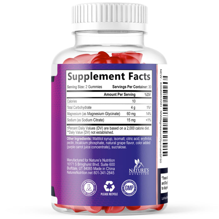 Magnesium Glycinate Supplement Gummies - Magnesium Supplement with Bone Muscle Heart Health & Sleep Support - Gentle on Stomach & Chelated for Max Absorption - Grape Flavor & Sugar Free - 60 Gummies