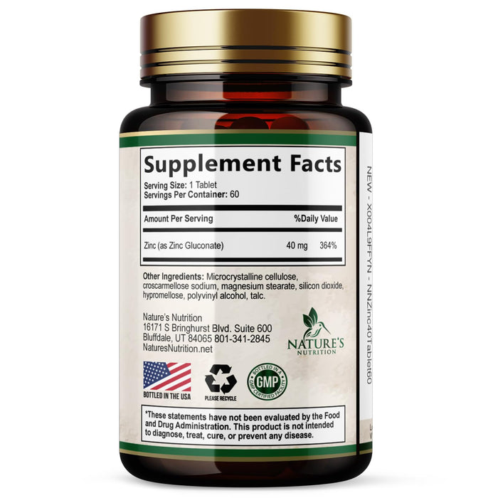 Zinc 40mg Supplements for Women and Men, Supplement for Immune Health Support, Skin Health Support, & Antioxidant Supplement for Adults with Zinc Gluconate 40 mg, High Potency, Non-GMO