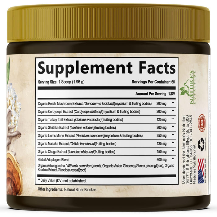 Mushroom Supplement Powder - 11 in 1 Complex Formula Powder with Organic Lions Mane, Reishi, Cordyceps, Chaga, Turkey Tail, Maitake Extract for Memory, Brain, Energy, & Immune Support - 60 Servings