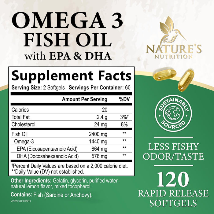 Omega 3 Fish Oil Supplements - 2400 mg Triple Strength Omega3, EPA & DHA with Essential Fatty Acids - Natural Immune, Brain & Heart Health Support - Gluten Free, Non-GMO, Wild Caught - 120 Softgels