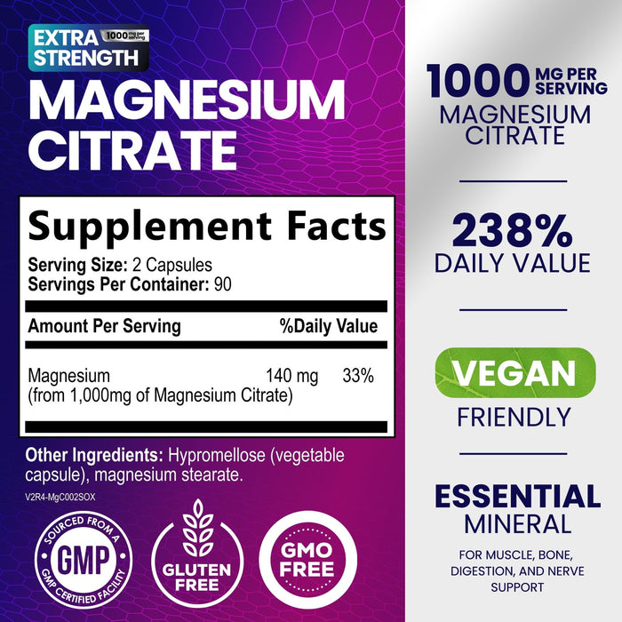 Magnesium Citrate Supplement 1000 mg for Best Absorption, Supports Bone, Heart Health, Nerves, Muscles, Metabolism & Calm, Nature's Pure Magnesio Vitamin Pills, Bottled in USA - 180 Capsules