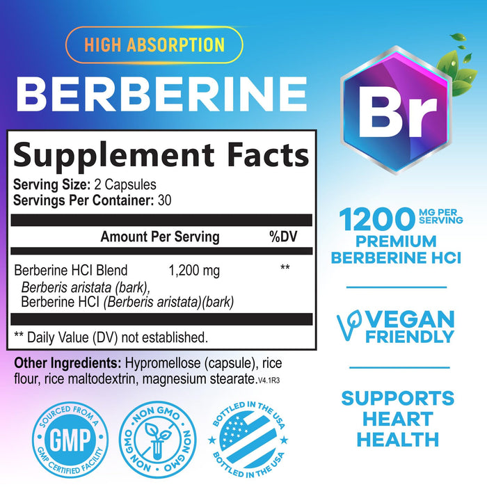 Berberine HCL 1200mg Supplement - Berberine HCI Capsules High Absorption Supplement for Heart Health & Immune Support, High Strength, Gluten-Free, Vegan, Non-GMO Pills - 60 Veggie Capsules