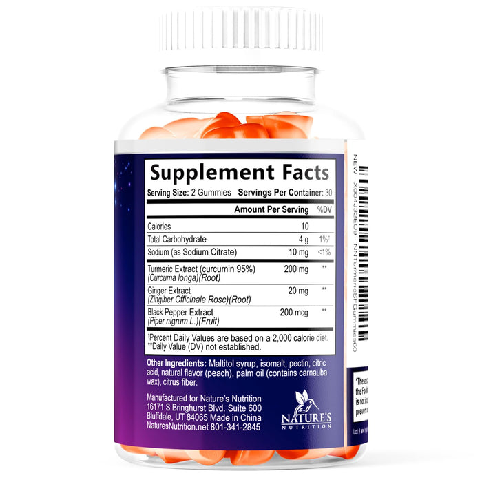 Turmeric Supplement Gummies Sugar Free - Turmeric Curcumin and Ginger Gummies with Black Pepper Extract for High Absorption, Curcumin Gummy for Joint Support, Non-GMO, Gluten Free