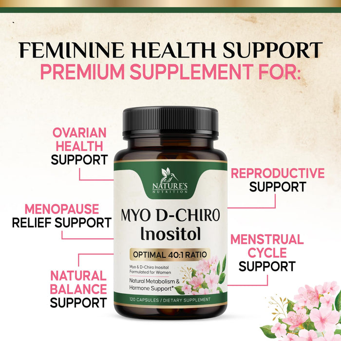Myo-Inositol & D-Chiro Inositol 1025mg - 40:1 Ideal Ratio for Ovarian Support, Vegan Myo & D Chiro Supplement for Women's Natural Balance and Hormone Support, Vitamin B8, Non-GMO - 120 Capsules