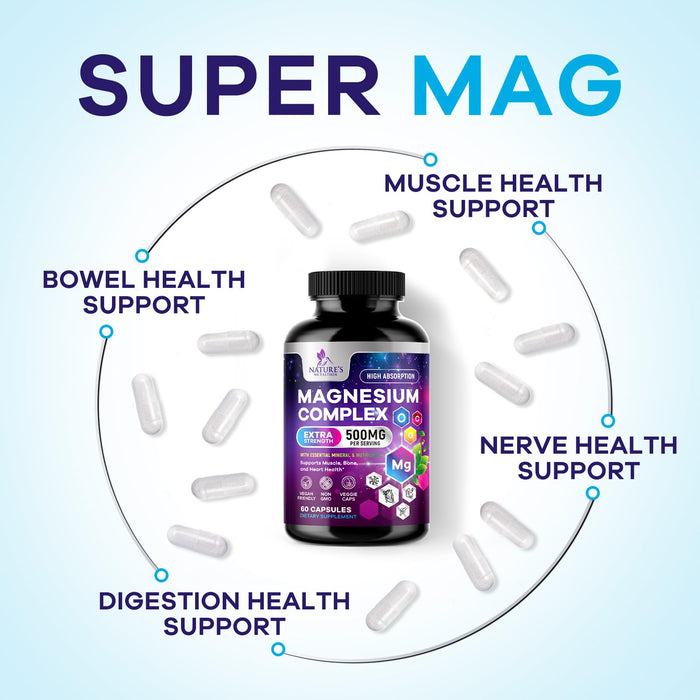 Magnesium Complex Supplement 500 mg - 4 in 1 High Absorption Chelated Magnesium Glycinate, Malate, Citrate, Oxide, Aquamin - Non-GMO Magnesio Capsules, Bone Muscle & Heart Health Support, 60 Capsules