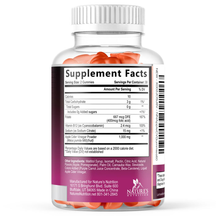 Apple Cider Vinegar Gummies for Weight Loss 1000mg - Vegan Apple Vinegar Gummy for Detox & Cleanse, ACV Supplement Pills, Vitamin B12, Sugar Free ACV Gummy, Non-GMO, Nature's Nutrition - 60 Gummies