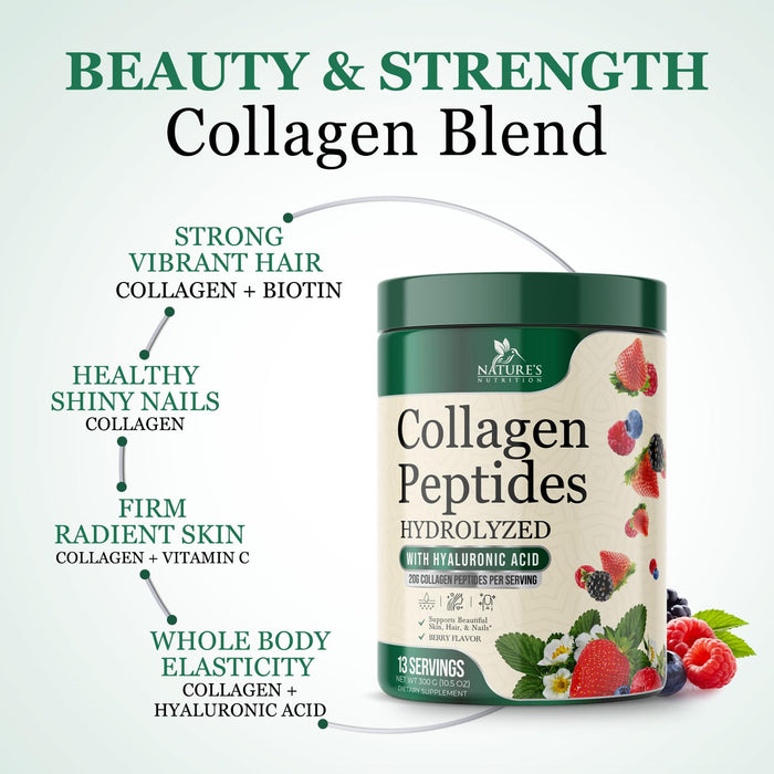 Collagen Peptides Powder 20g - Hydrolyzed Type 1 & 3 Berry Flavor Collagen Powder - Biotin, Hyaluronic Acid, Vitamin C - Hair, Skin, & Nails Support Supplement for Women & Men - Bottled in USA, 10.5oz