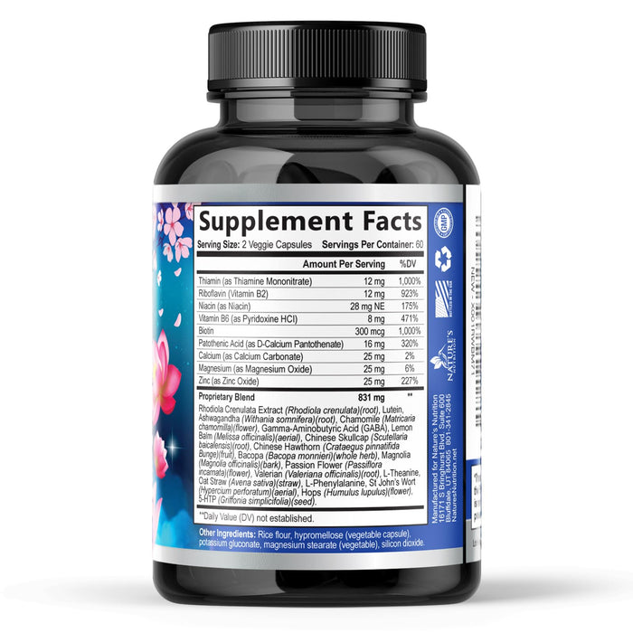 Natural Calm, Unwind & Relax Support with Ashwagandha, GABA, Magnesium, 5-HTP, L-Theanine & B Vitamins, Natural Focus, Energy & Immune Support - Nature's Non-GMO, Vegan, Gluten Free - 120 Capsules