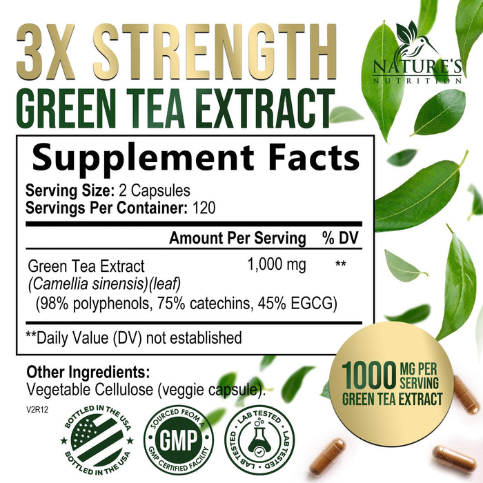 Green Tea Extract Capsules 1000mg 98% Standardized EGCG - 3X Strength for Natural Energy - Heart Support with Polyphenols - Gentle Caffeine - 240 Capsules