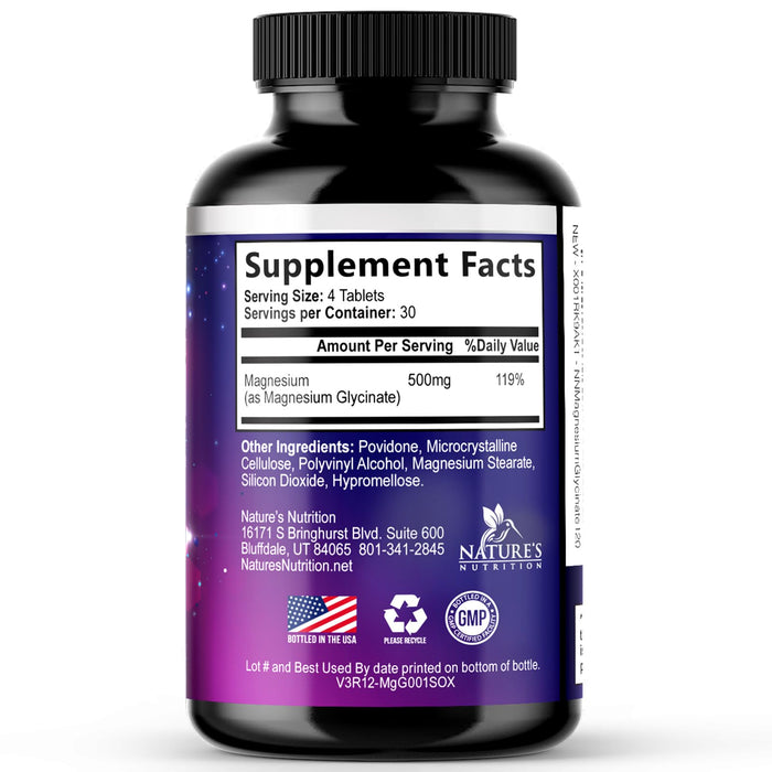 Magnesium Glycinate 500mg - Chelated for Ultra Absorption - Supports Bone, Muscle, Nerves & Heart Health, Nature's Sleep Support, Best Magnesium Supplement Pills for Whole Body Support - 120 Tablets