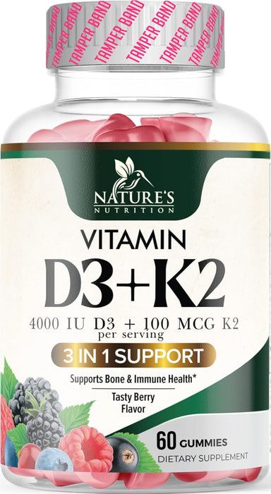 D3 K2 Gummies - 3X Strength Vitamin D3K2 Vitamins For Bone & Immune Support with Calcium - 2-in-1 Vitamins D & Vitamin K2 Mk-7 Supplement Complex, Easy to Swallow, Gluten Free, Non-GMO - 60 Gummies