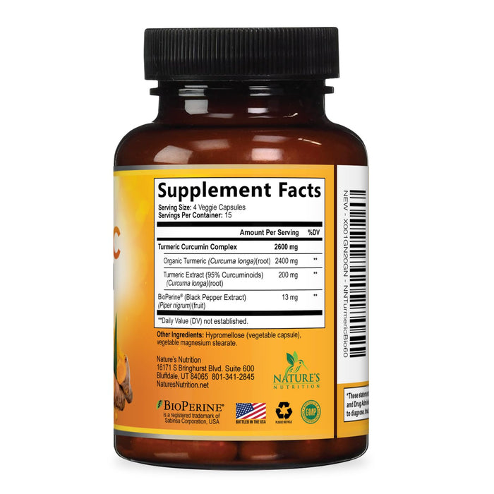 Turmeric Curcumin Supplement with BioPerine 95% Curcuminoids 2600mg with Black Pepper for Best Absorption, Bottled in USA, Best Natural Vegan Joint Support, Nature's Non-GMO Tumeric - 60 Capsules