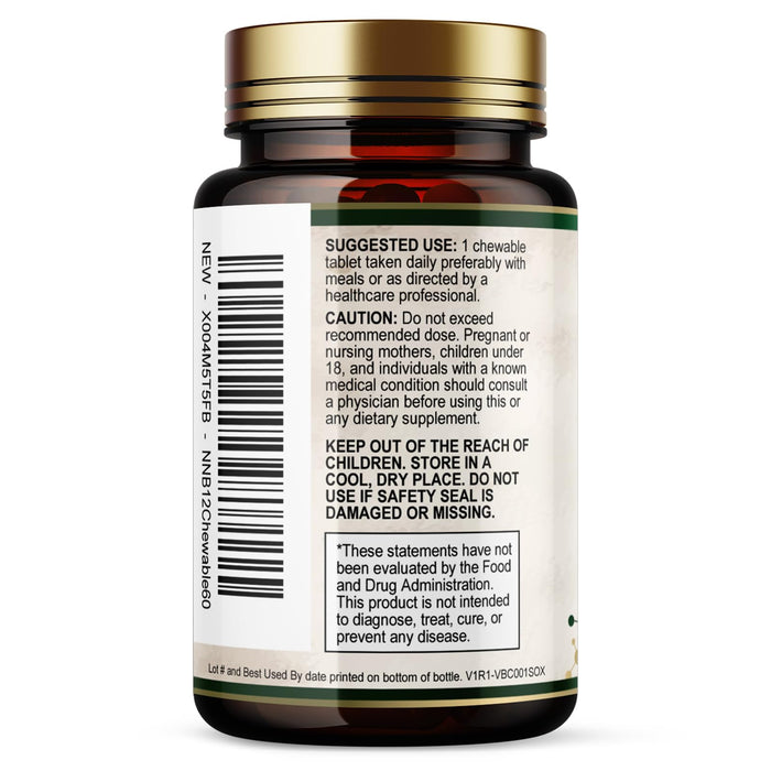 Vitamin B12 (Methylcobalamin) 1000 mcg - Chewable Tablet for Energy, Nervous System & Brain Support - Maximum Strength, Fast Dissolve, Vegan, Gluten-Free, Non-GMO for Women & Men - 60 Tablets