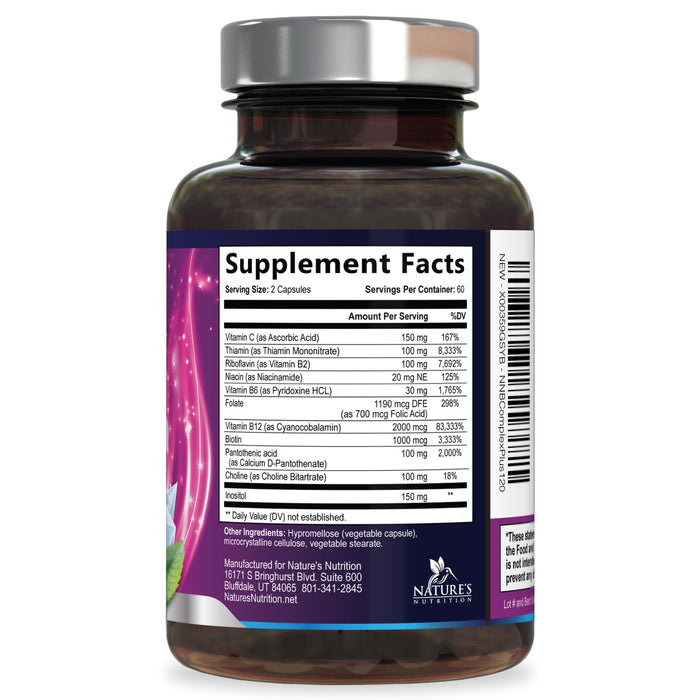 B Complex Vitamins Capsules with Vitamin B6 B12 B100 C Biotin Folate & Folic Acid - Supplement for Heart, Brain, & Nerve Support - Super Complete B-Complex for Immune & Energy Support - 120 Capsules