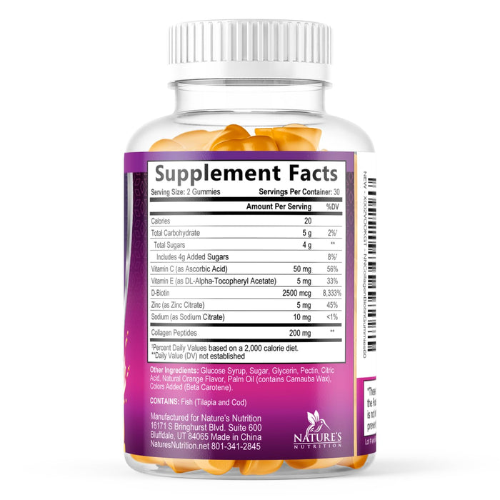 Collagen Gummies with 2500mcg Biotin, Vitamin C & Zinc - Hydrolyzed Collagen Peptide Type 1 & 3 Supplement - Advanced Hair, Skin & Nail Growth Support for Women & Men, Gluten Free, Non-GMO - 60 Count