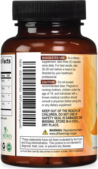 Turmeric Curcumin Supplement 1950mg - 95% Curcuminoids with Organic Turmeric & Ginger, BioPerine Black Pepper for Best Absorption, Nature's Vegan Joint Support, Non-GMO, Bottled in USA - 60 Capsules