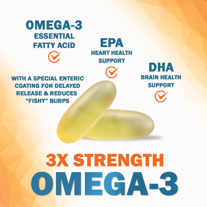 Omega 3 Fish Oil 2400 mg – Triple Strength EPA & DHA Fatty Acids for Heart, Brain & Joint Support – Wild-Caught, Burpless, Lemon Flavor Supplement – Natural, Non-GMO, Gluten-Free – 180 Softgels