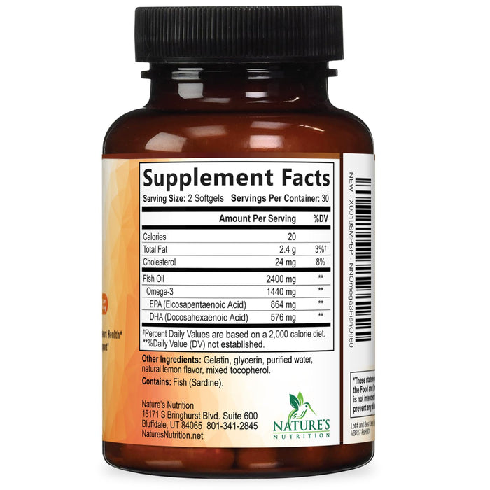 Omega 3 Fish Oil 2400 mg – Triple Strength EPA & DHA Fatty Acids for Heart, Brain & Joint Support – Wild-Caught, Burpless, Lemon Flavor Supplement – Natural, Non-GMO, Gluten-Free – 60 Softgels