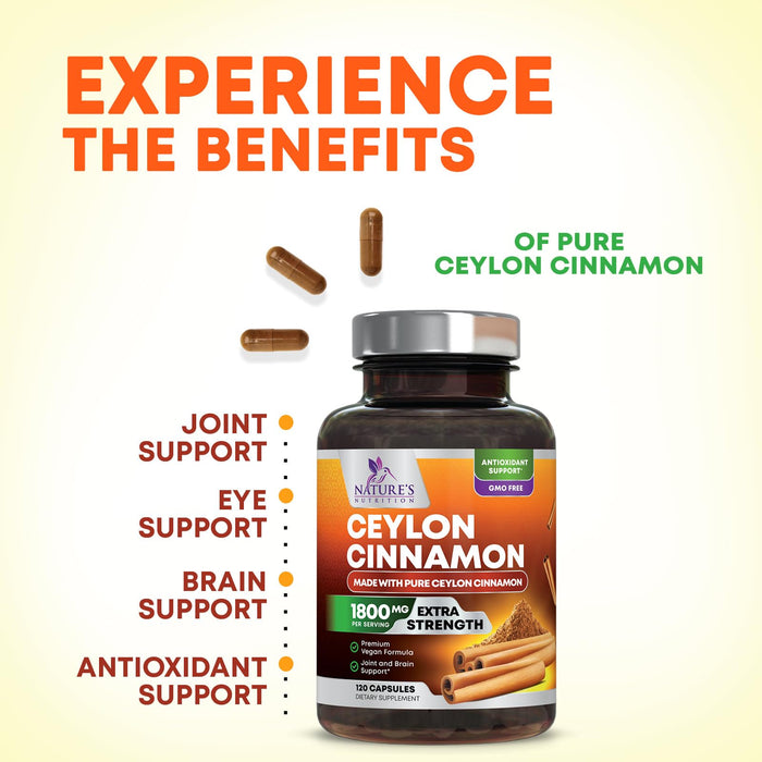 Organic Ceylon Cinnamon Supplement 1800mg - Certified Organic Ceylon Cinnamon Powder Pills - Energy & Heart Support for Women & Men, Bottled in USA, Antioxidant, Gluten Free, Non-GMO - 120 Capsules