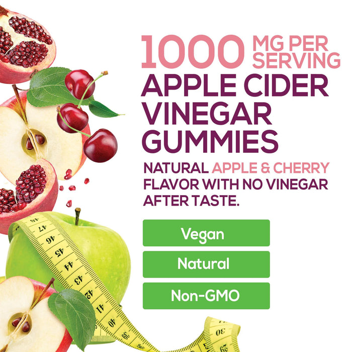 Vegan Apple Cider Vinegar Gummy 1000mg - Sugar Free ACV Gummies Vitamins Supplement with Vitamin B12 for Energy - Supports Digestion, Detox and Cleanse - Gelatin-Free, Non-GMO - 120 Gummies