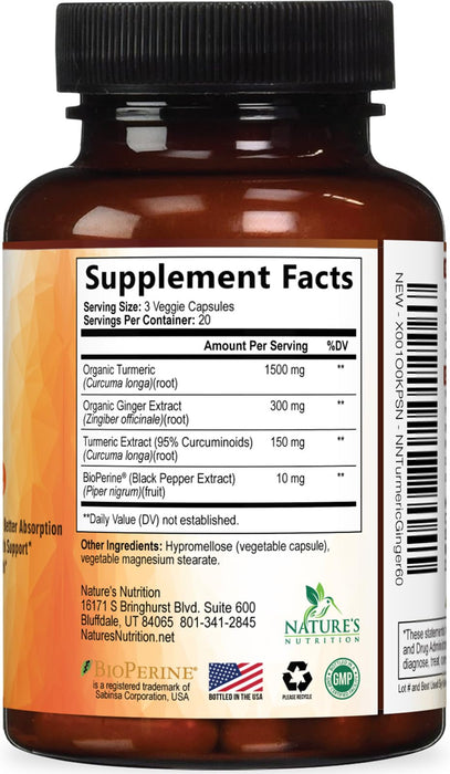 Turmeric Curcumin Supplement 1950mg - 95% Curcuminoids with Organic Turmeric & Ginger, BioPerine Black Pepper for Best Absorption, Nature's Vegan Joint Support, Non-GMO, Bottled in USA - 60 Capsules
