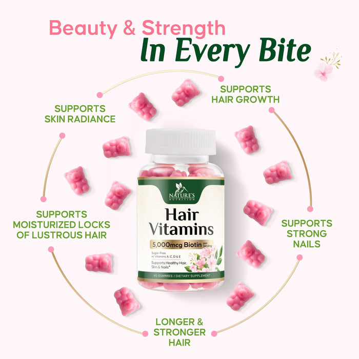 Hair Vitamins Gummies with Biotin 5000 mcg - Stronger, Radiant Hair, Skin & Nails Supplement - Vitamin E & C, Hair Growth Support Vitamin for Women & Men, Non-GMO & Gluten Free - 60 Gummies