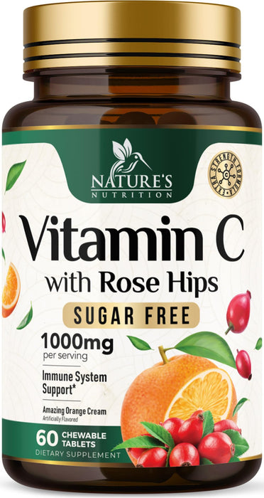 Vitamin C Chewable 1000mg - Extra Strength Antioxidants for Powerful Immune Support w/Vitamin C & Rose HIPS - Potent Dietary VIT C Chews Supplement, Natural, Vegan, Gluten-Free, Non-GMO - 60 Tablets