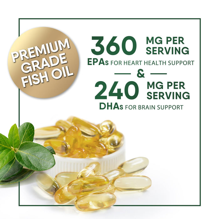 Omega 3 Fish Oil Supplements - 2400 mg Triple Strength Omega3, EPA & DHA with Essential Fatty Acids - Natural Immune, Brain & Heart Health Support - Gluten Free, Non-GMO, Wild Caught - 60 Softgels