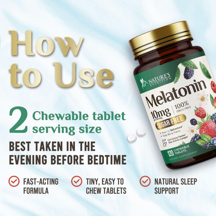 Melatonin 10 mg Fast Dissolve, Melatonin Supplements for Restful Sleep, Natural Sleep Support Supplement for Adults, Extra Strength Strawberry-Flavored Tablets, Sugar Free, 120 Tablets, 120 Day Supply