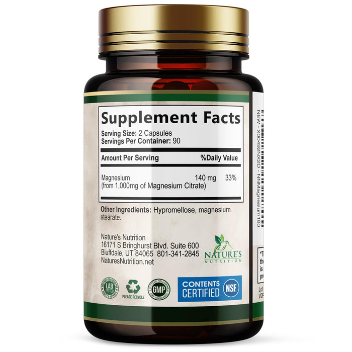Magnesium Supplement (Citrate Oxide) 1000mg for Best Absorption, Supports Bone, Heart Health, Nerves, Muscles & Metabolism, Nature's Pure Magnesio Vitamin Pills, Bottled in USA, 180 Capsules