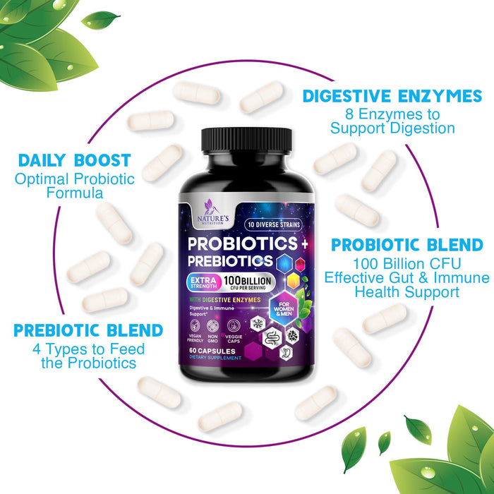 Probiotics for Women & Men 100 Billion CFU - 10 Strains with Lactobacillus, Digestive Gut Health Probiotics & Immune Support Supplement, Supports Occasional Constipation, Gas & Bloating - 60 Capsules