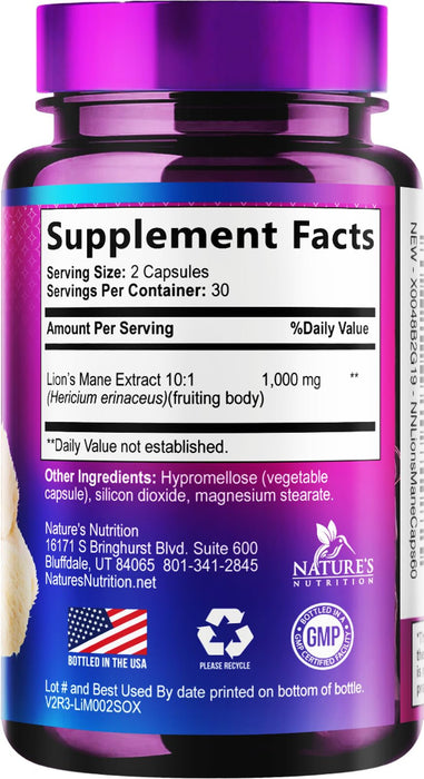 Lions Mane Mushroom Supplement - Brain Health Support for Focus, Memory, Cognition & Immune Support - Nature's Nootropic Lion's Mane Mushroom Extract Non-GMO, Vegetarian & Gluten Free - 60 Capsules